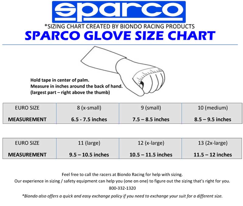 Sparco racing cheap gloves size chart